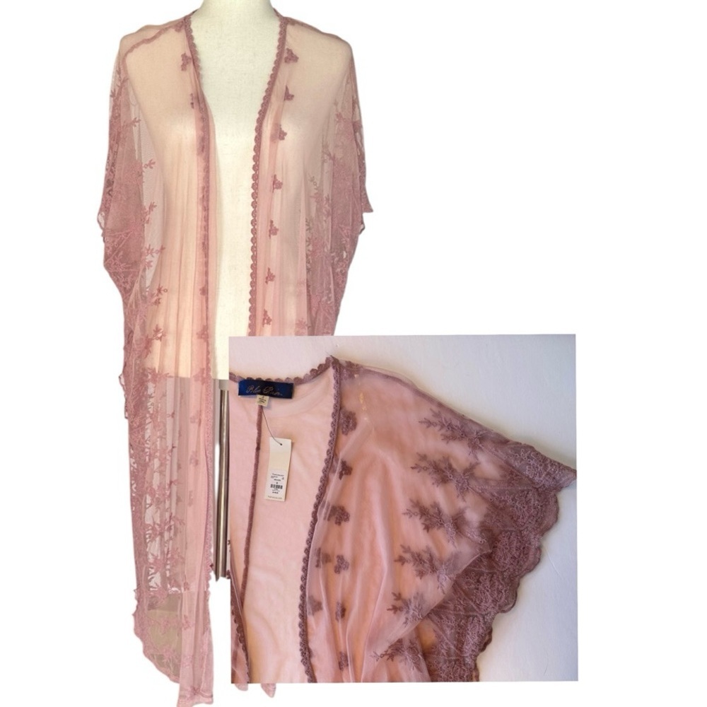 Lace Duster Kimono Topper S Pink Mesh Flowers Open Front New Francesca’s